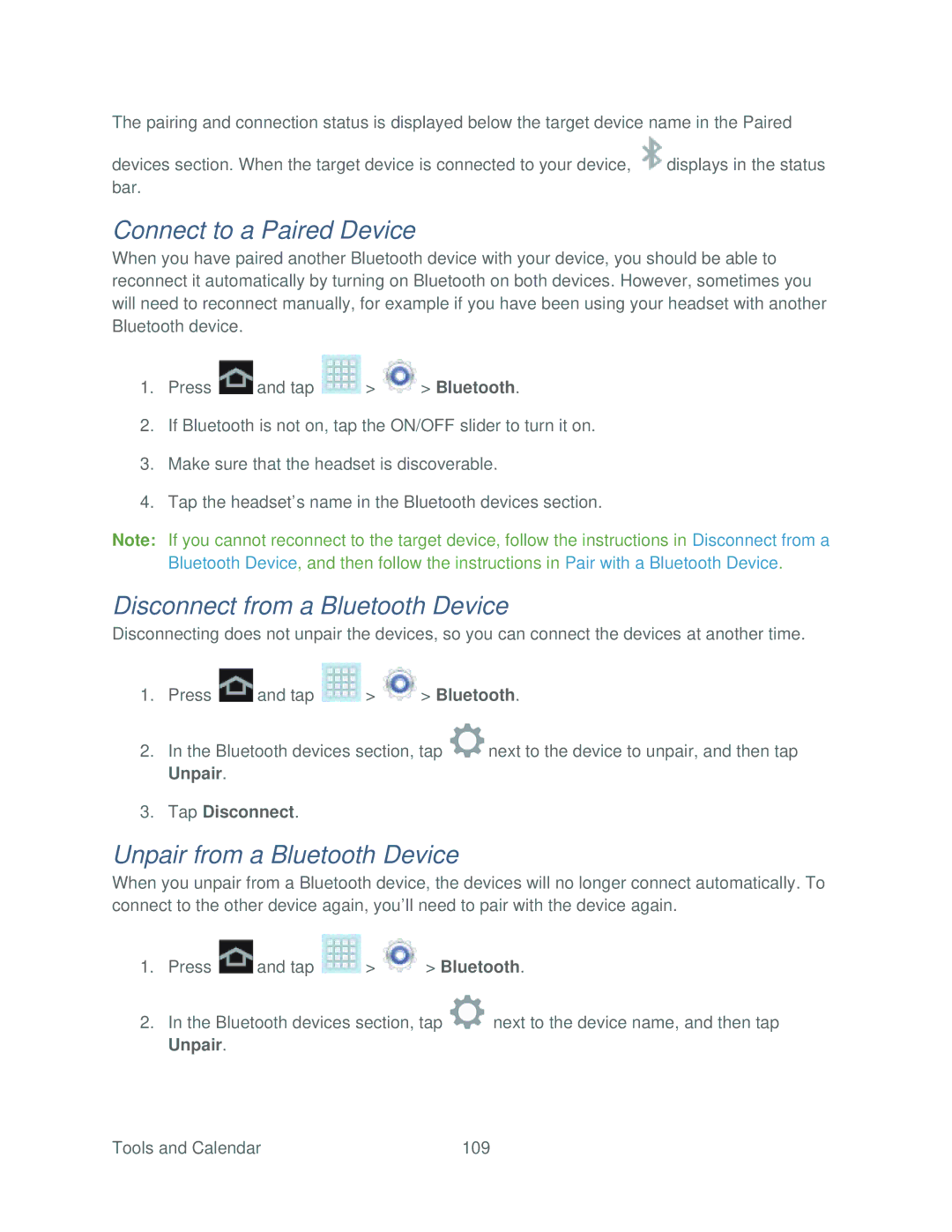 Samsung SPH-P500TSASPR Connect to a Paired Device, Disconnect from a Bluetooth Device, Unpair from a Bluetooth Device 