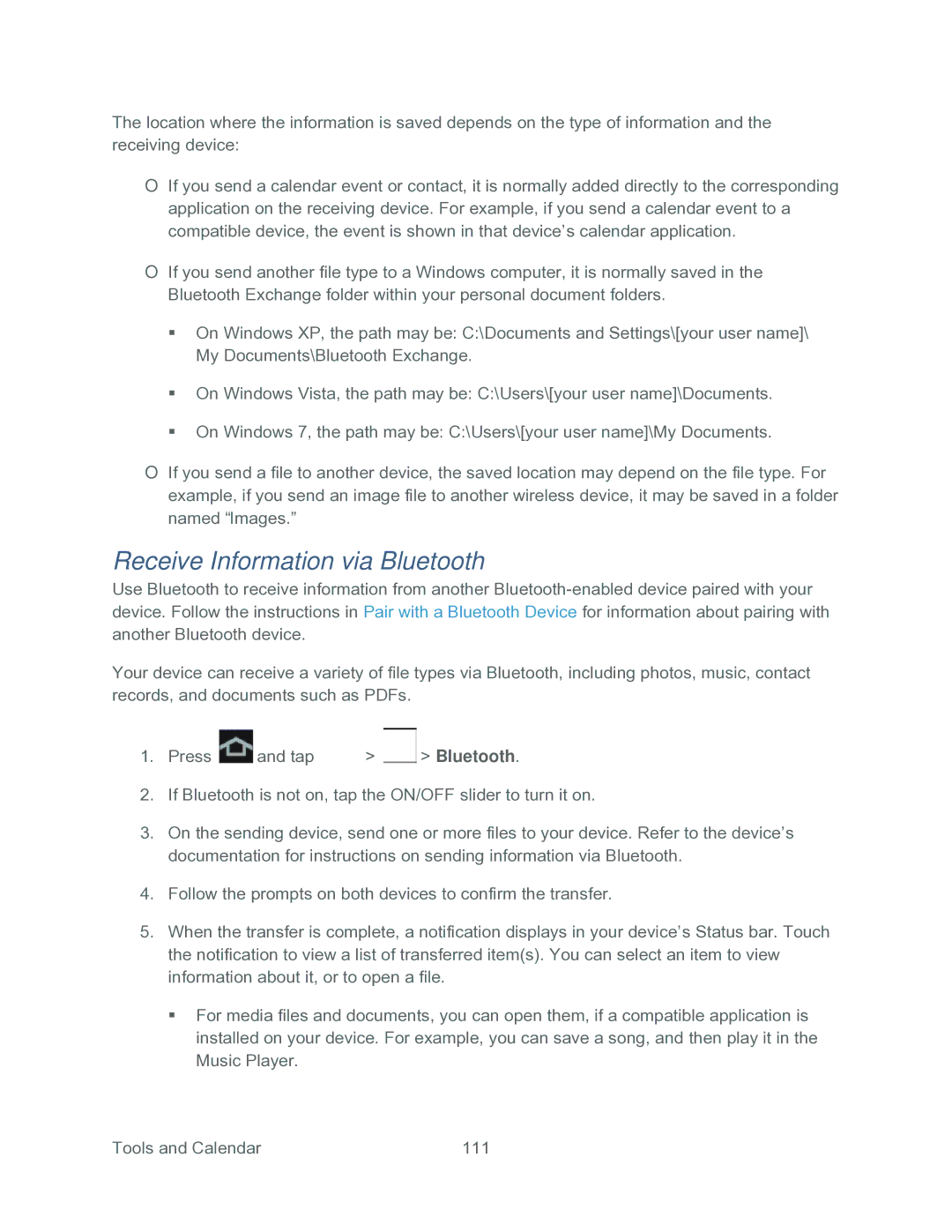 Samsung SPH-P500TSASPR manual Receive Information via Bluetooth 