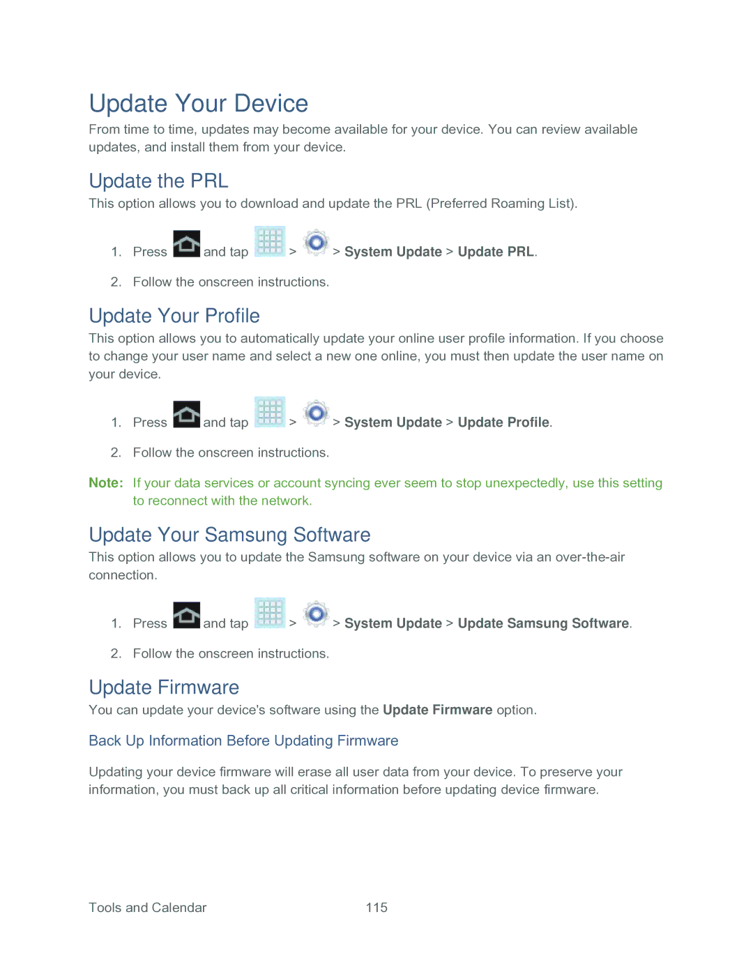 Samsung SPH-P500TSASPR manual Update Your Device, Update the PRL, Update Your Profile, Update Your Samsung Software 