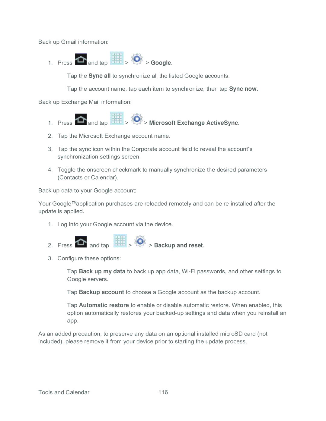 Samsung SPH-P500TSASPR manual Press and tap Microsoft Exchange ActiveSync 