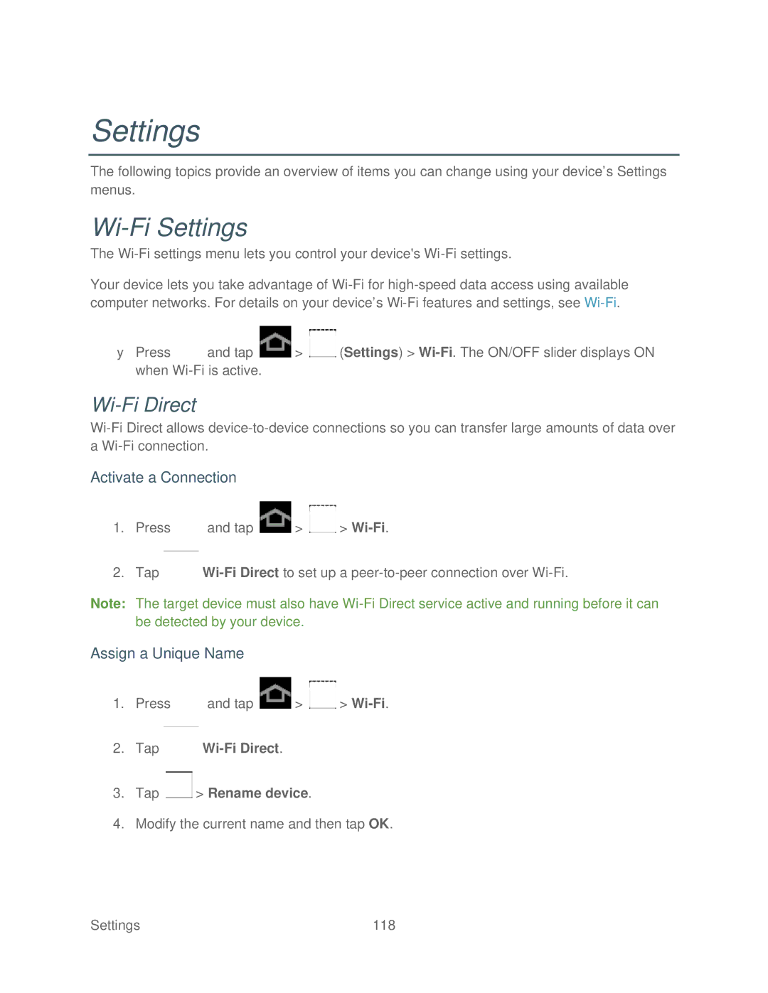 Samsung SPH-P500TSASPR manual Wi-Fi Settings, Wi-Fi Direct, Activate a Connection, Assign a Unique Name 