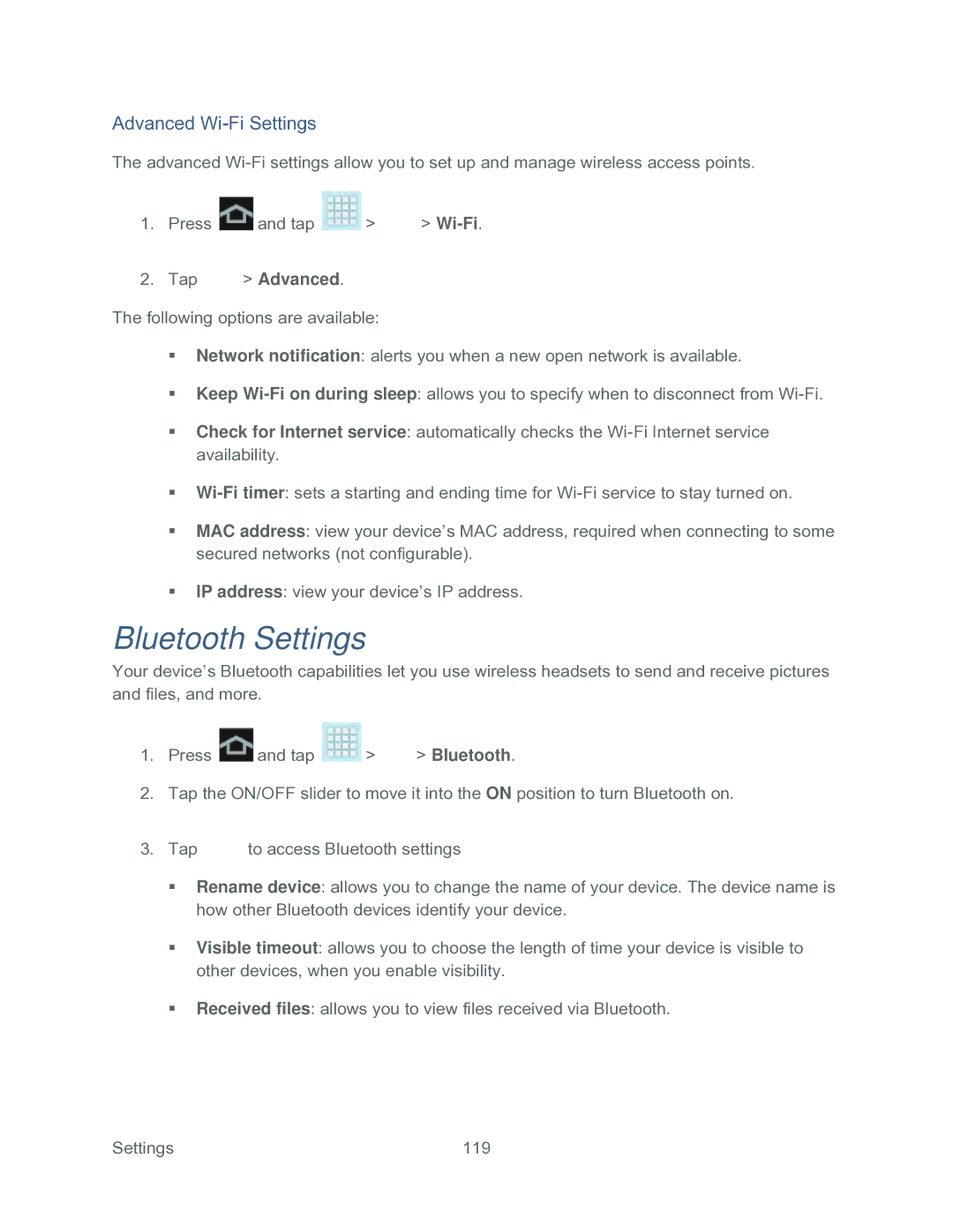 Samsung SPH-P500TSASPR manual Bluetooth Settings, Advanced Wi-Fi Settings 