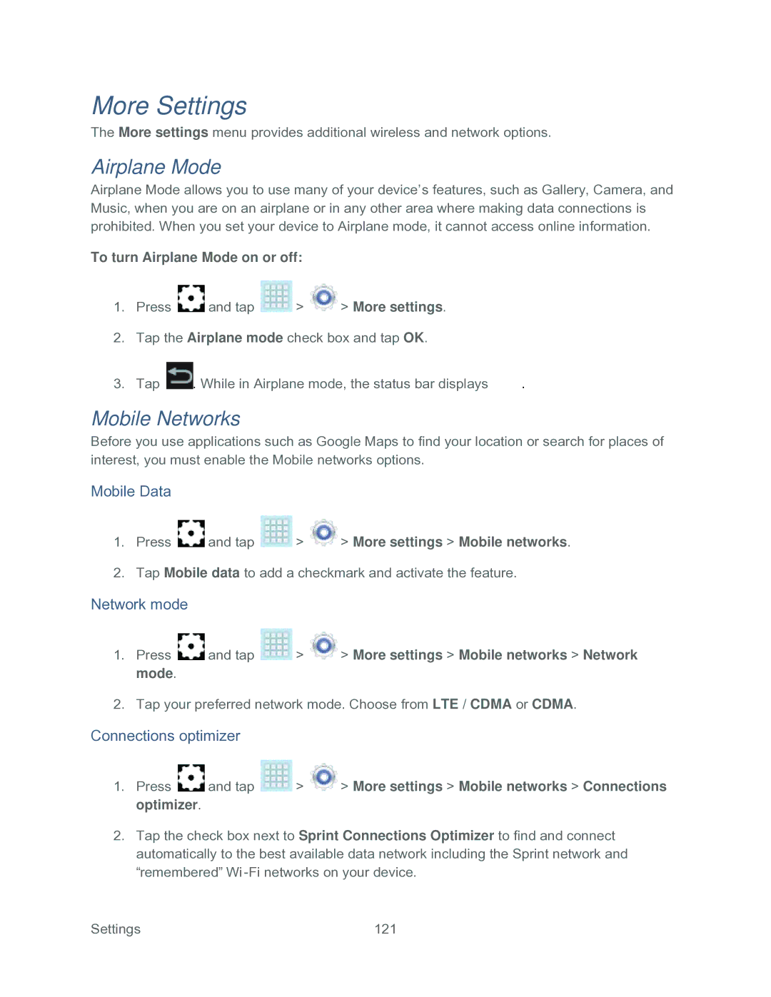 Samsung SPH-P500TSASPR manual More Settings, Airplane Mode, Mobile Networks 