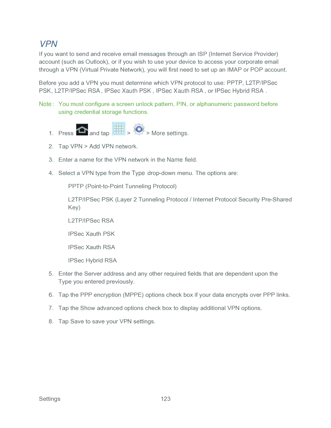 Samsung SPH-P500TSASPR manual Vpn, Tap VPN Add VPN network 