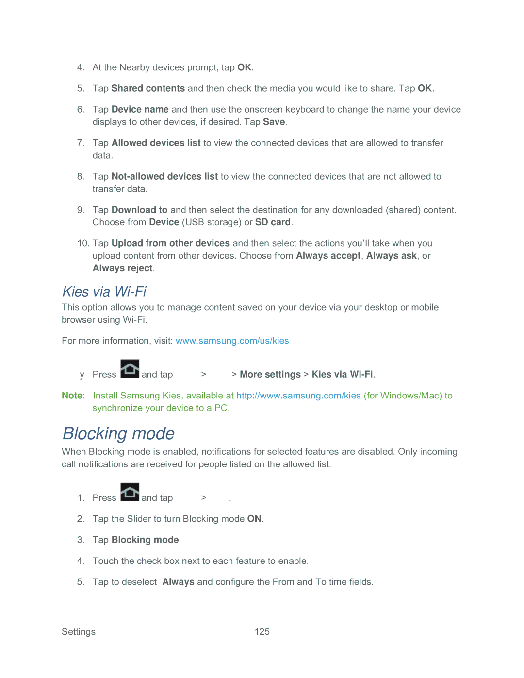 Samsung SPH-P500TSASPR manual Press and tap More settings Kies via Wi-Fi, Tap Blocking mode 