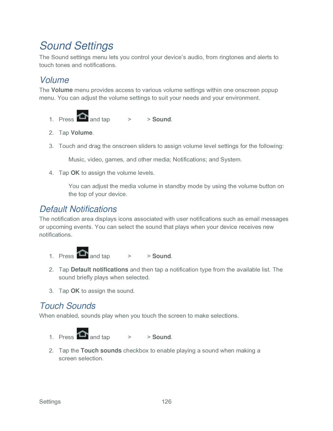 Samsung SPH-P500TSASPR manual Sound Settings, Default Notifications, Touch Sounds, Tap Volume 