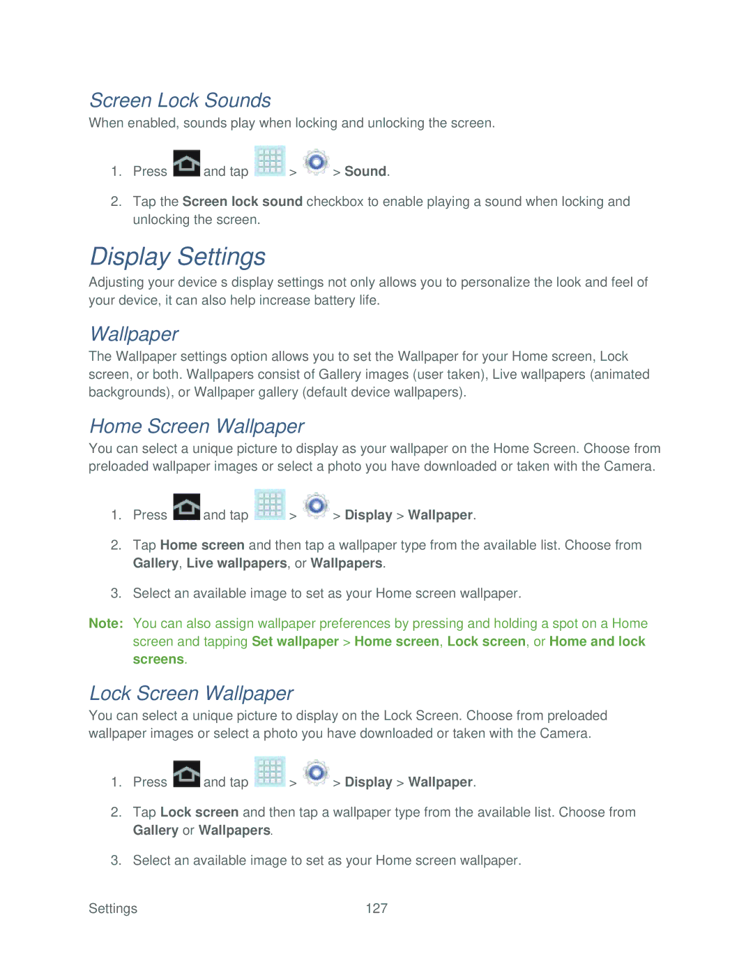 Samsung SPH-P500TSASPR manual Display Settings, Screen Lock Sounds, Home Screen Wallpaper, Lock Screen Wallpaper 