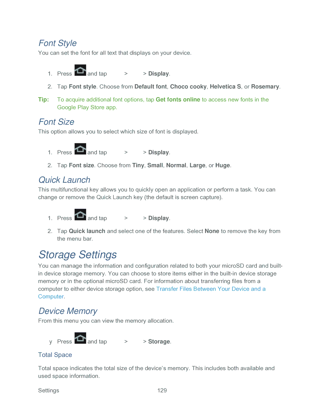 Samsung SPH-P500TSASPR manual Storage Settings, Font Style, Font Size, Quick Launch, Device Memory 