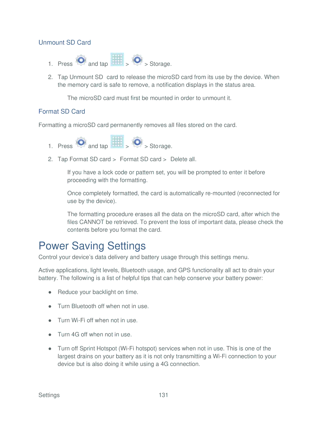 Samsung SPH-P500TSASPR manual Power Saving Settings, Unmount SD Card, Format SD Card 