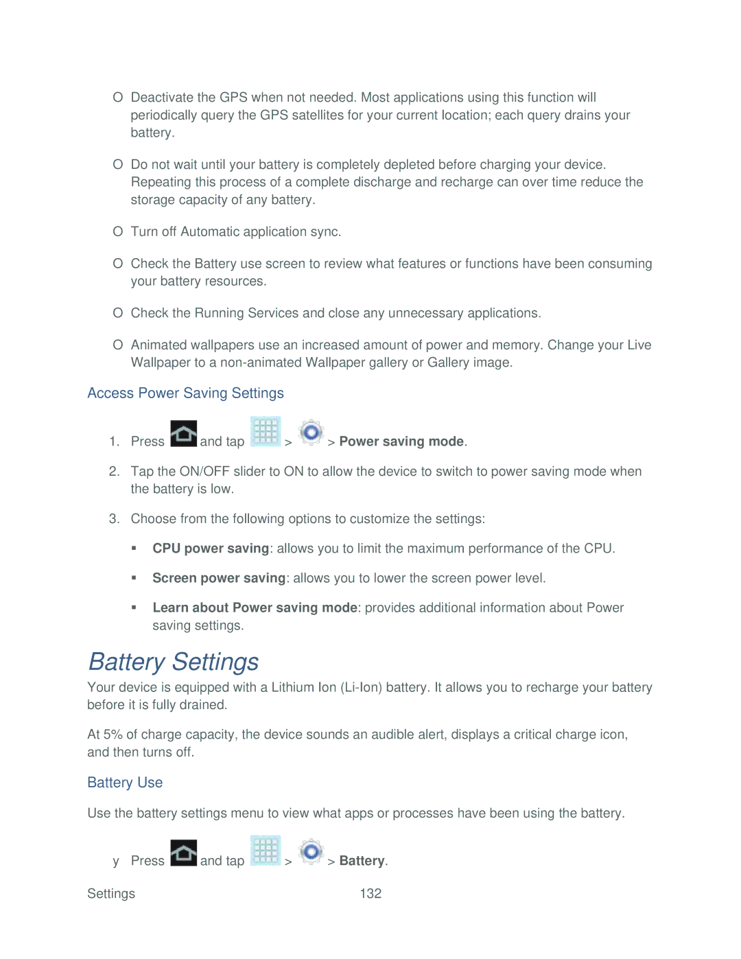 Samsung SPH-P500TSASPR manual Battery Settings, Access Power Saving Settings, Battery Use 