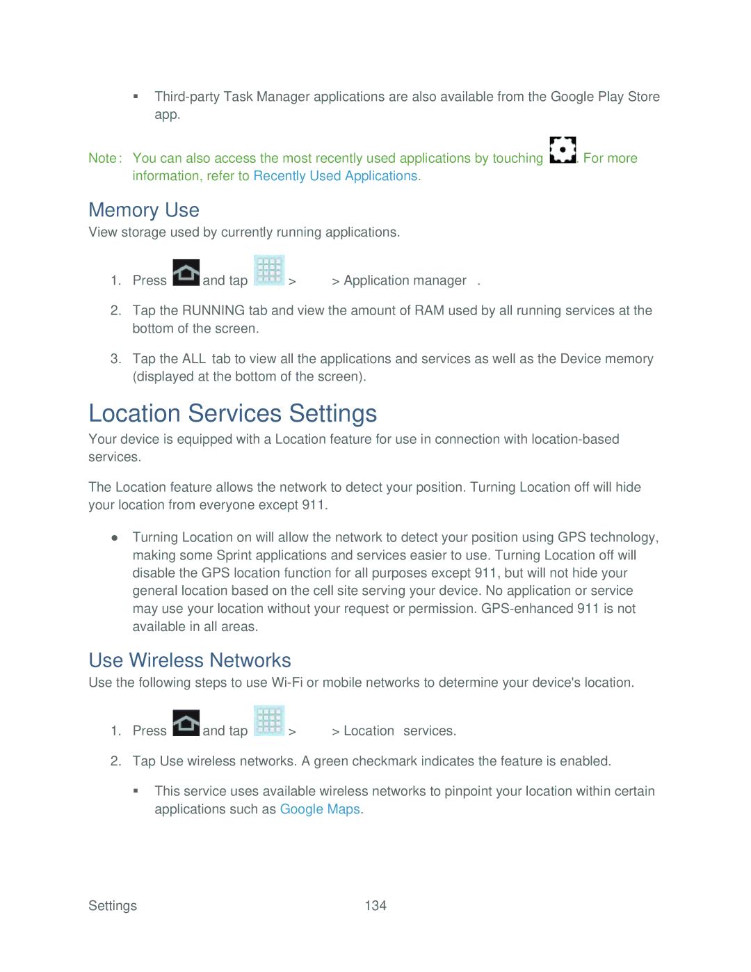 Samsung SPH-P500TSASPR manual Location Services Settings, Memory Use, Use Wireless Networks 