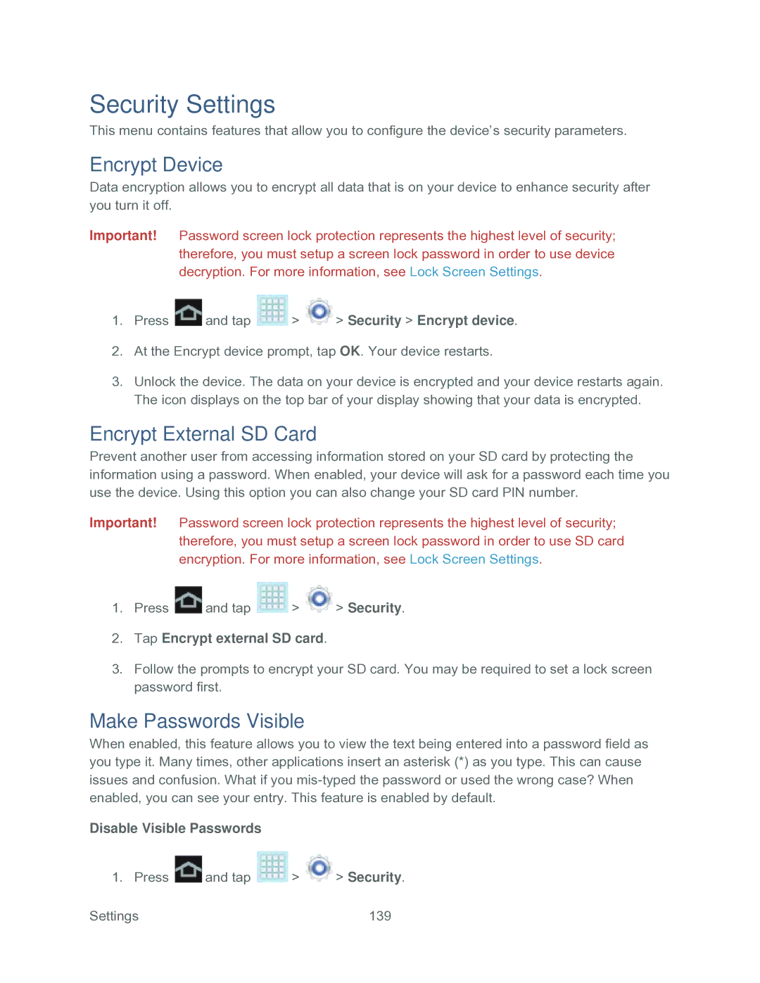 Samsung SPH-P500TSASPR manual Security Settings, Encrypt Device, Encrypt External SD Card, Make Passwords Visible 