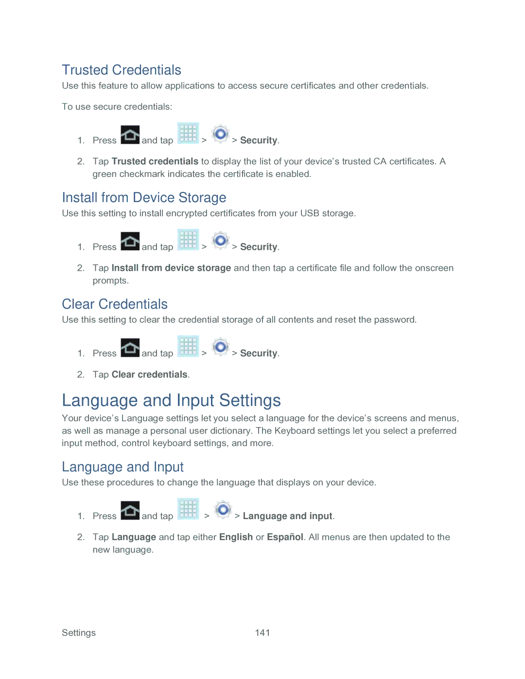 Samsung SPH-P500TSASPR Language and Input Settings, Trusted Credentials, Install from Device Storage, Clear Credentials 