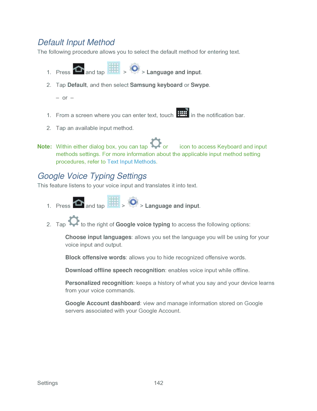 Samsung SPH-P500TSASPR manual Default Input Method, Google Voice Typing Settings 