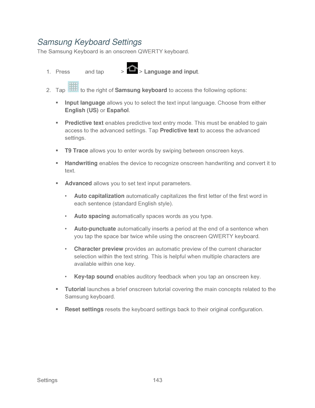 Samsung SPH-P500TSASPR manual Samsung Keyboard Settings 