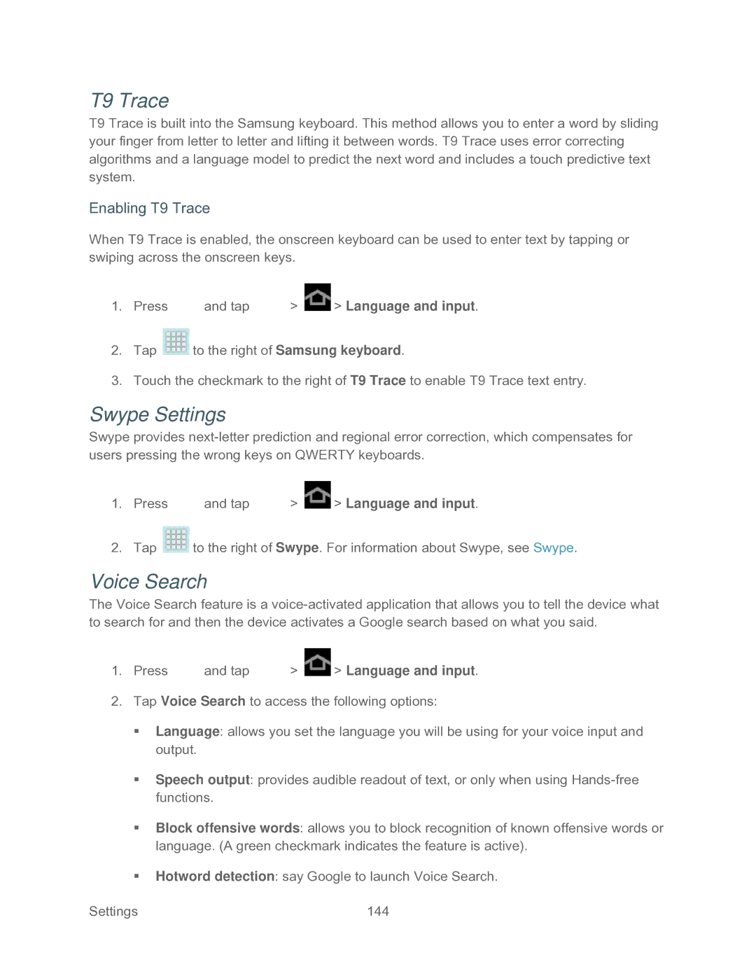 Samsung SPH-P500TSASPR manual Swype Settings, Voice Search, Enabling T9 Trace 