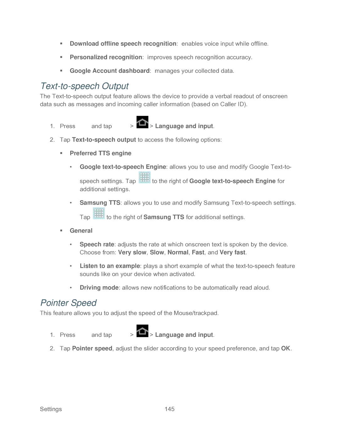 Samsung SPH-P500TSASPR manual Text-to-speech Output, Pointer Speed,  Preferred TTS engine 