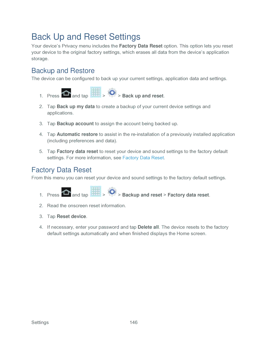 Samsung SPH-P500TSASPR manual Back Up and Reset Settings, Backup and Restore, Factory Data Reset, Tap Reset device 