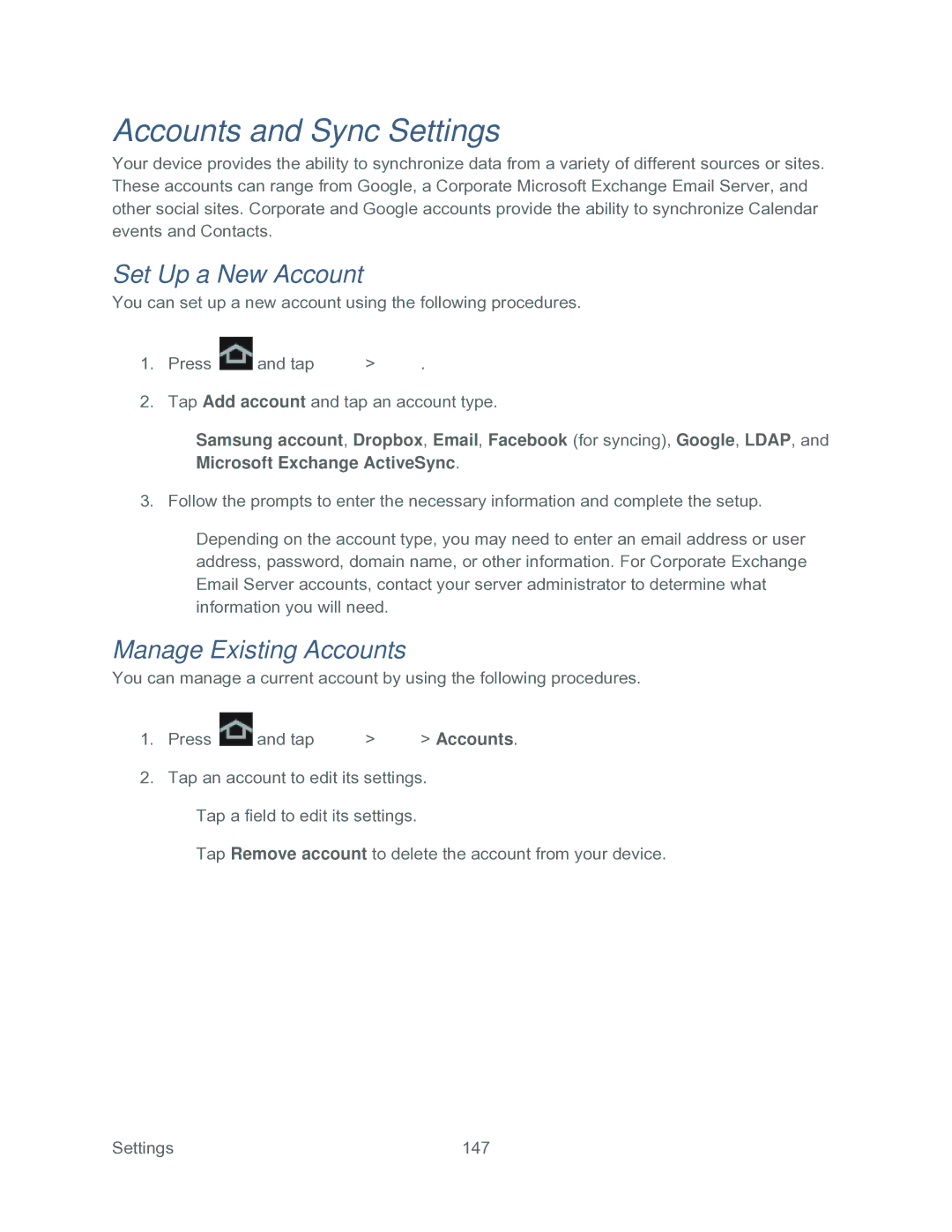 Samsung SPH-P500TSASPR manual Accounts and Sync Settings, Set Up a New Account, Manage Existing Accounts 