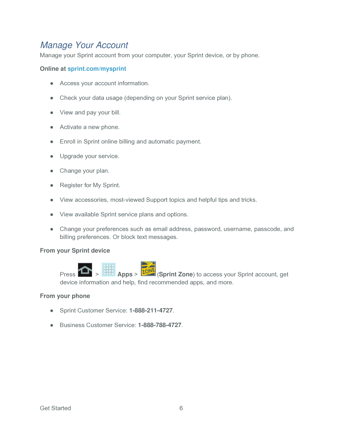 Samsung SPH-P500TSASPR manual Manage Your Account, From your Sprint device, From your phone 