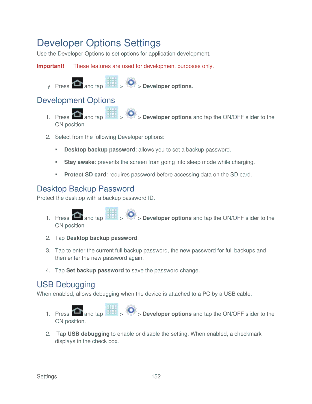 Samsung SPH-P500TSASPR manual Developer Options Settings, Development Options, Desktop Backup Password, USB Debugging 