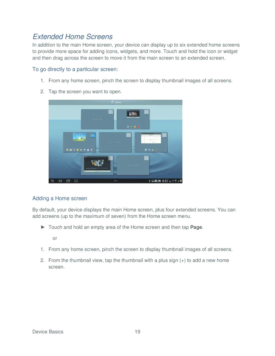 Samsung SPH-P500TSASPR manual Extended Home Screens, To go directly to a particular screen, Adding a Home screen 