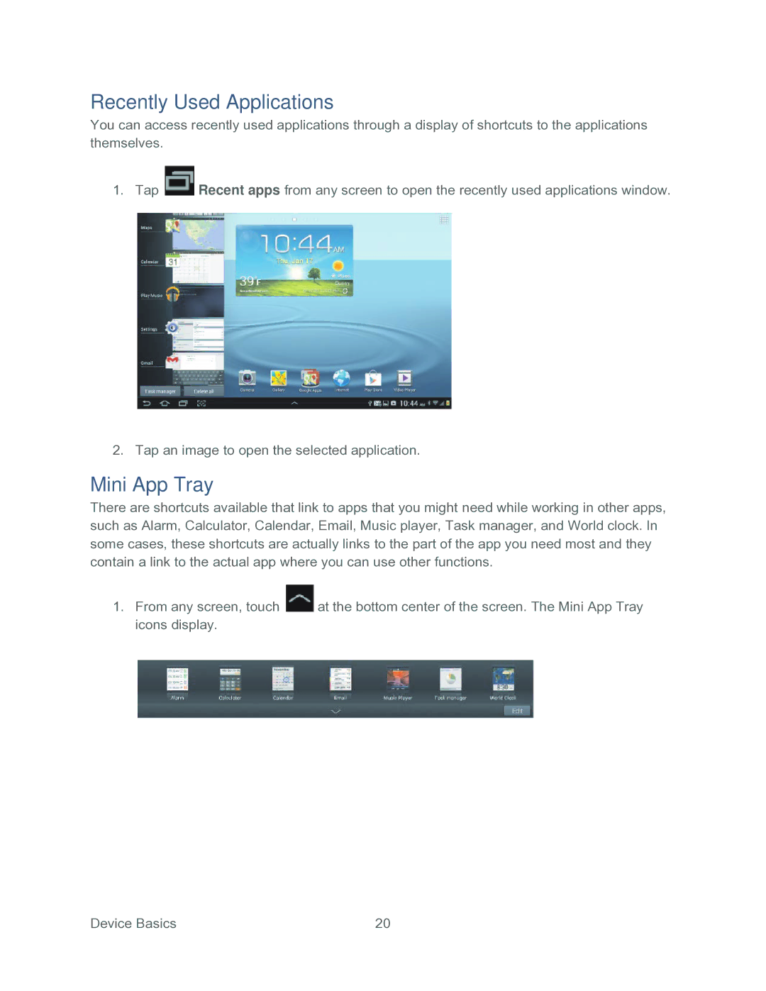 Samsung SPH-P500TSASPR manual Recently Used Applications, Mini App Tray 