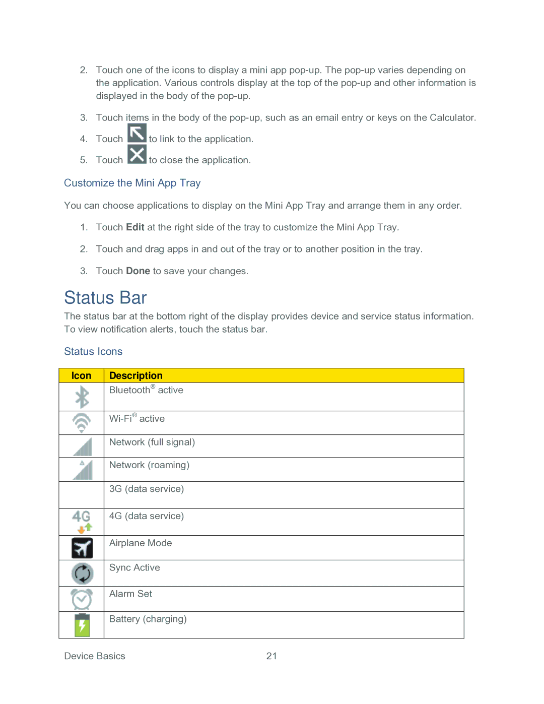 Samsung SPH-P500TSASPR manual Status Bar, Customize the Mini App Tray, Status Icons 