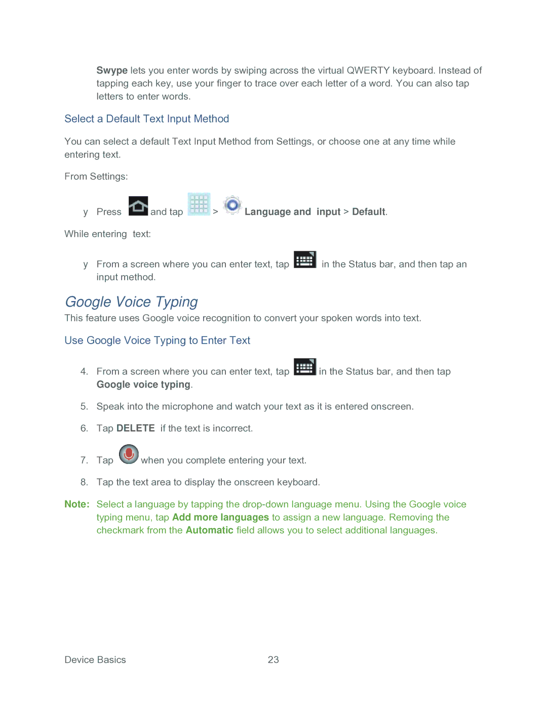 Samsung SPH-P500TSASPR manual Select a Default Text Input Method, Use Google Voice Typing to Enter Text 