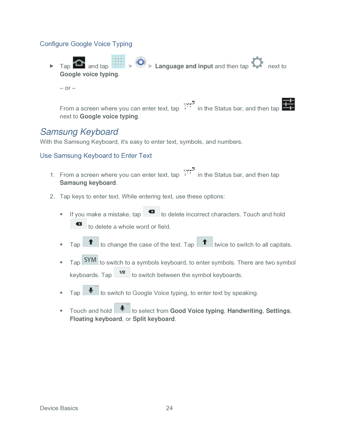 Samsung SPH-P500TSASPR manual Configure Google Voice Typing, Use Samsung Keyboard to Enter Text 