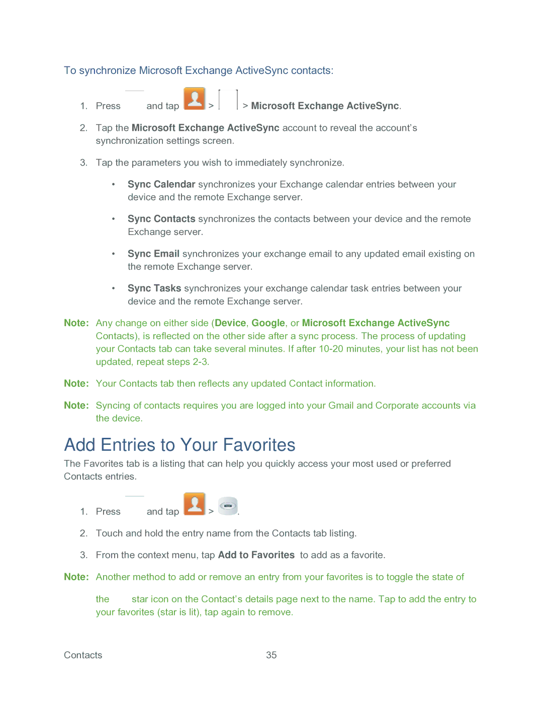 Samsung SPH-P500TSASPR manual Add Entries to Your Favorites, To synchronize Microsoft Exchange ActiveSync contacts 