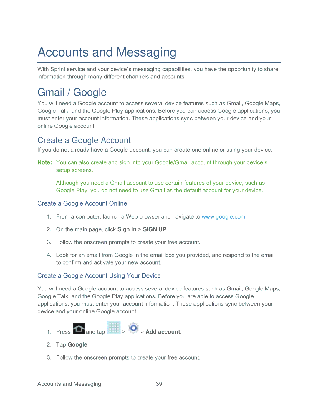 Samsung SPH-P500TSASPR manual Gmail / Google, Create a Google Account Online, Create a Google Account Using Your Device 