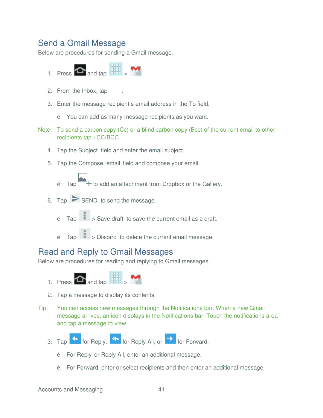 Samsung SPH-P500TSASPR manual Send a Gmail Message, Read and Reply to Gmail Messages 