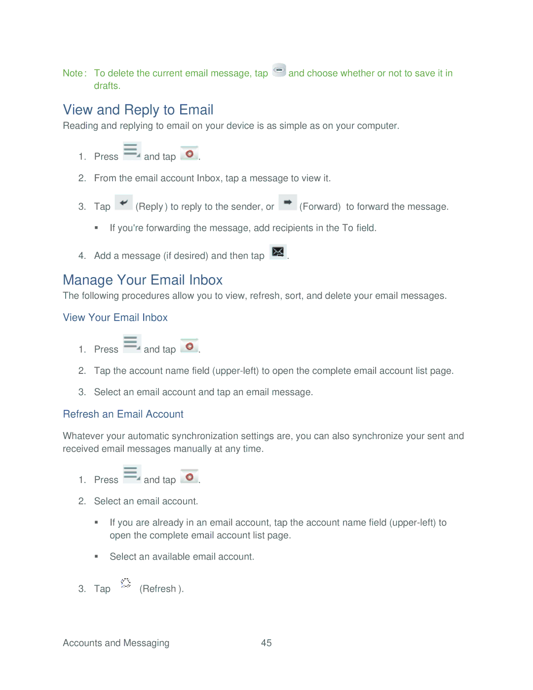 Samsung SPH-P500TSASPR View and Reply to Email, Manage Your Email Inbox, View Your Email Inbox, Refresh an Email Account 