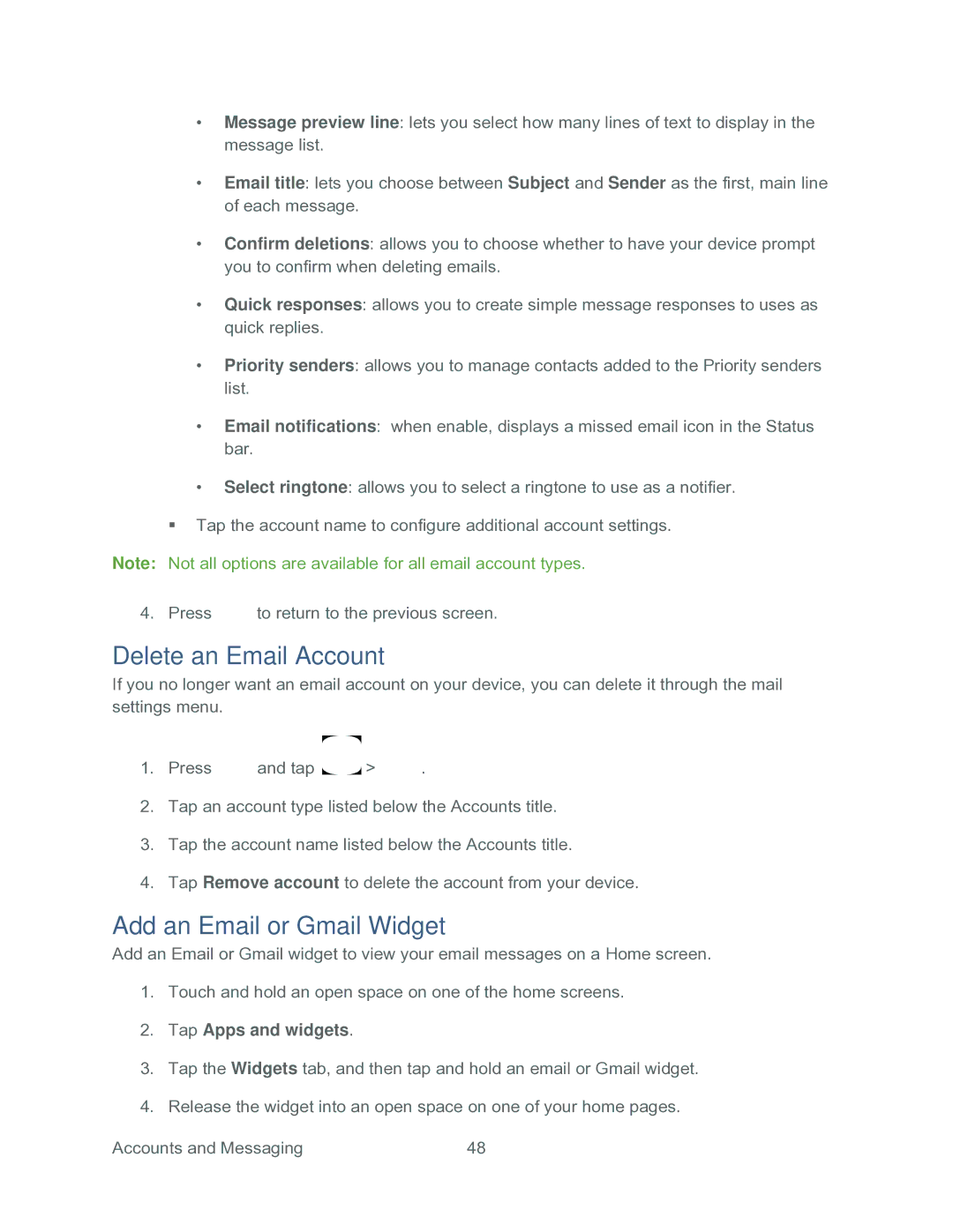 Samsung SPH-P500TSASPR manual Delete an Email Account, Add an Email or Gmail Widget, Tap Apps and widgets 