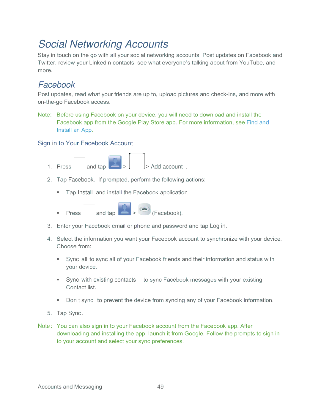 Samsung SPH-P500TSASPR manual Social Networking Accounts, Sign in to Your Facebook Account 