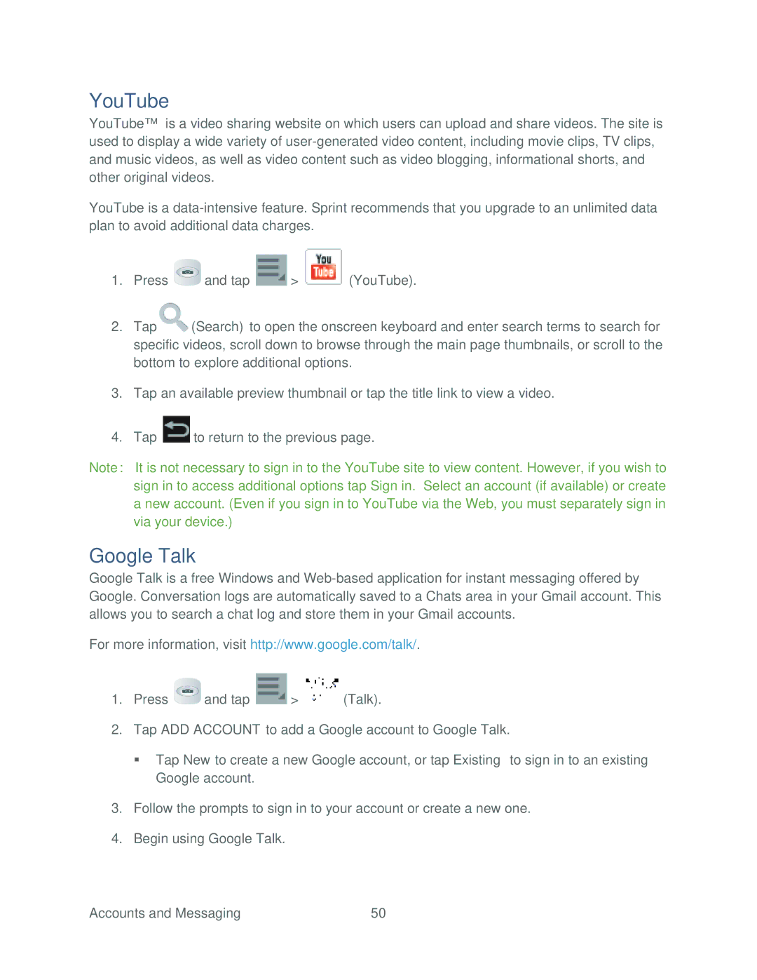 Samsung SPH-P500TSASPR manual YouTube, Google Talk 