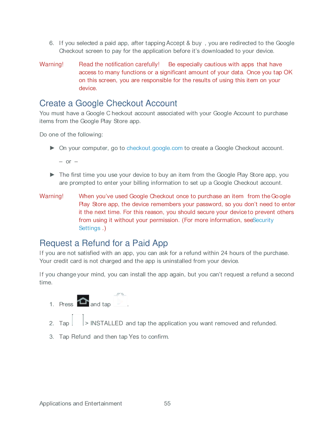 Samsung SPH-P500TSASPR manual Create a Google Checkout Account, Request a Refund for a Paid App 