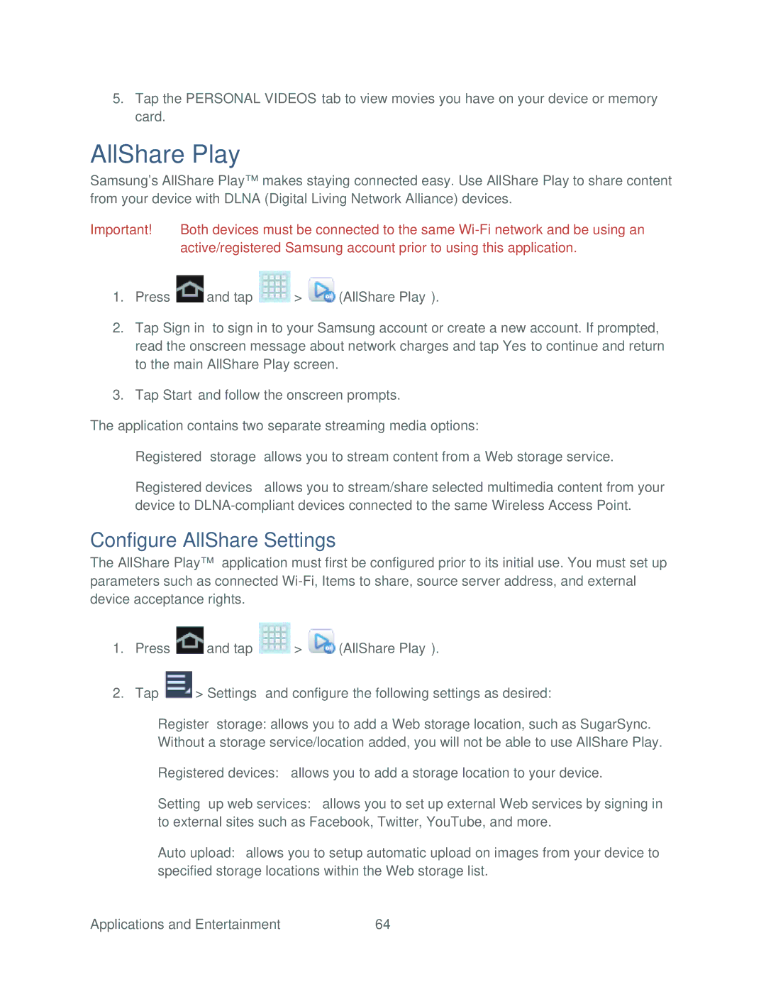 Samsung SPH-P500TSASPR manual AllShare Play, Configure AllShare Settings 