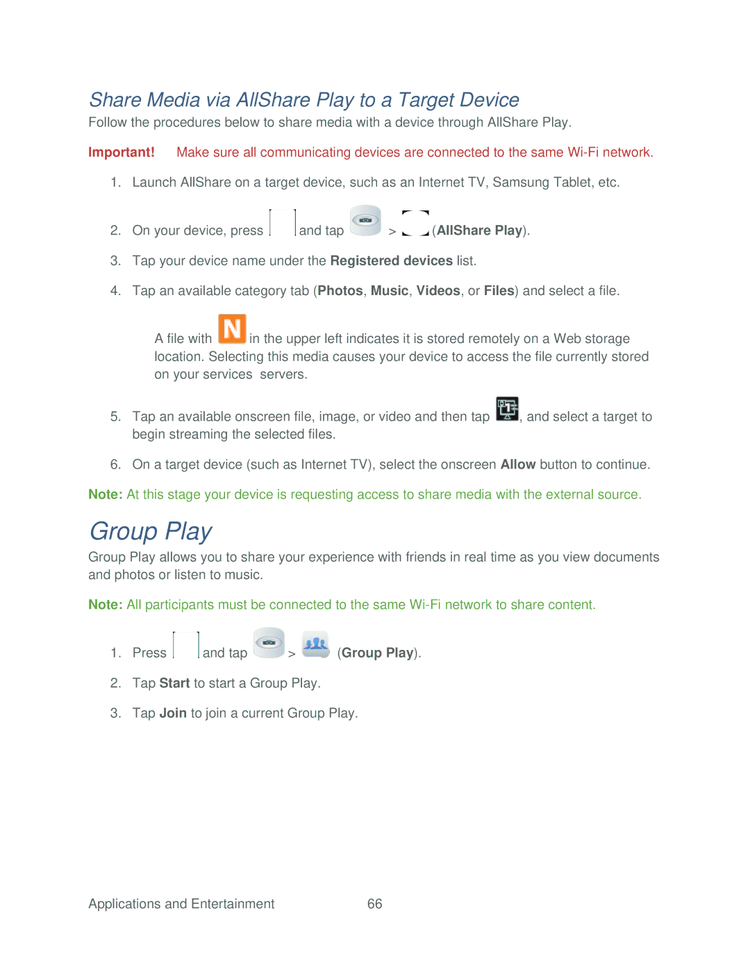 Samsung SPH-P500TSASPR manual Group Play, Share Media via AllShare Play to a Target Device 