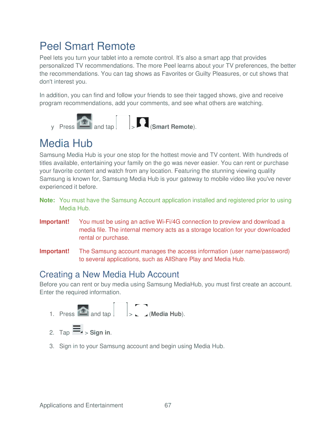 Samsung SPH-P500TSASPR manual Peel Smart Remote, Creating a New Media Hub Account 