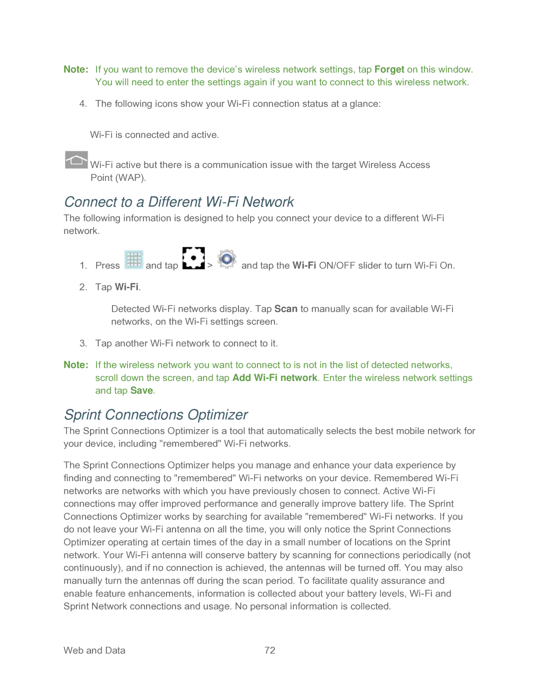 Samsung SPH-P500TSASPR manual Connect to a Different Wi-Fi Network, Sprint Connections Optimizer 