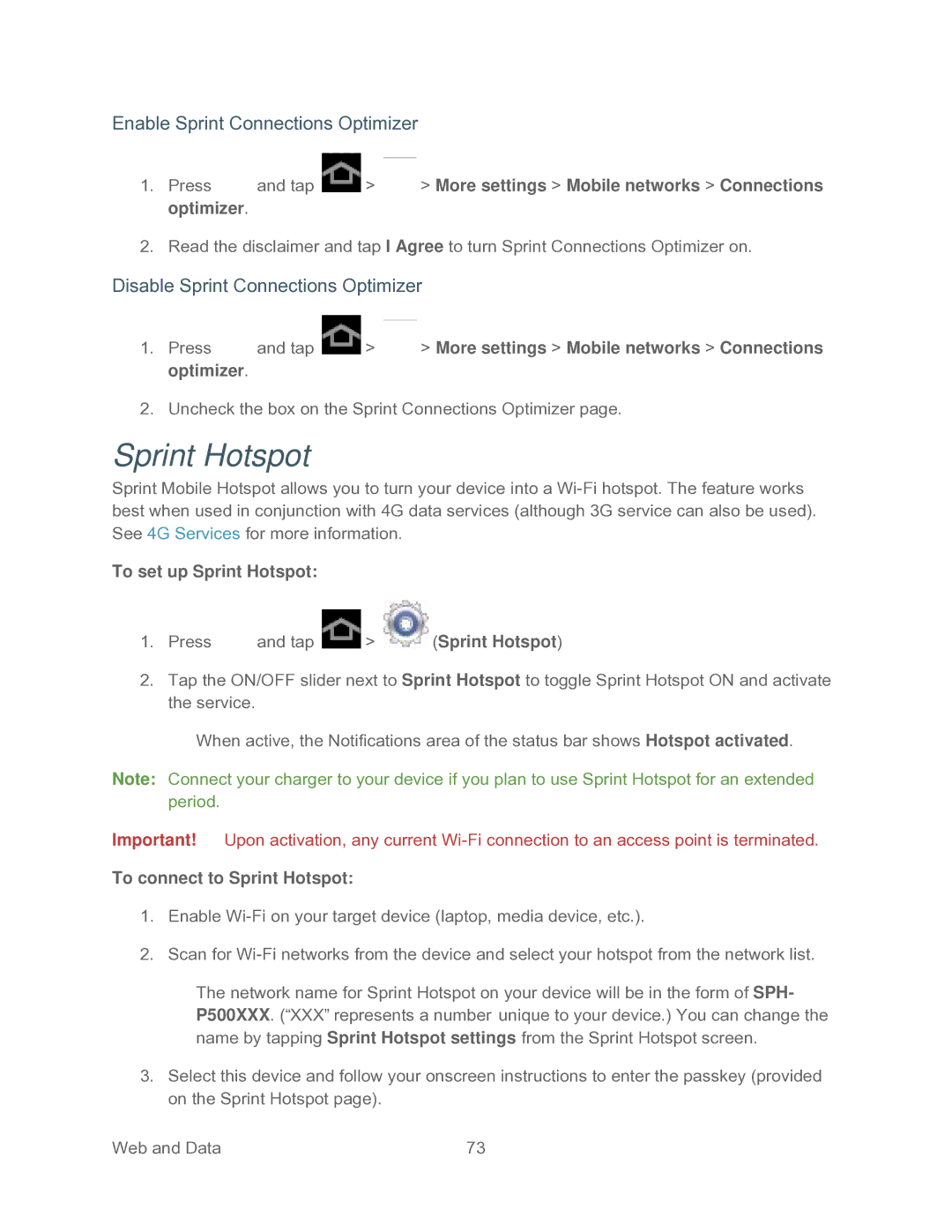 Samsung SPH-P500TSASPR manual Sprint Hotspot, Enable Sprint Connections Optimizer, Disable Sprint Connections Optimizer 