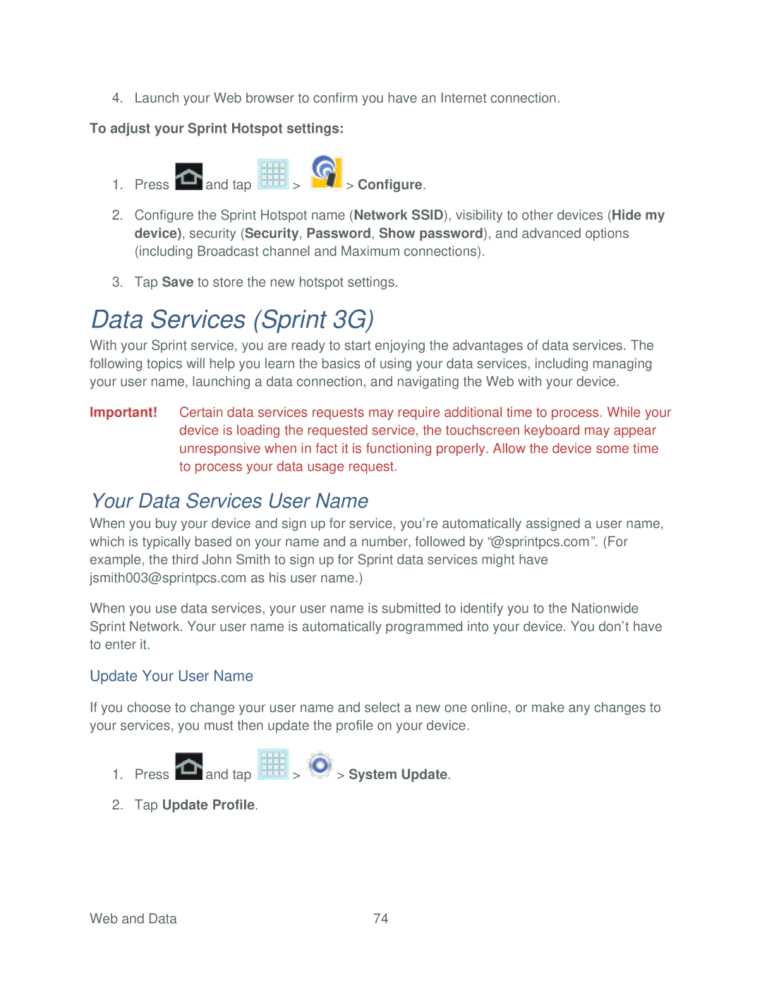 Samsung SPH-P500TSASPR Data Services Sprint 3G, Your Data Services User Name, Update Your User Name, Tap Update Profile 