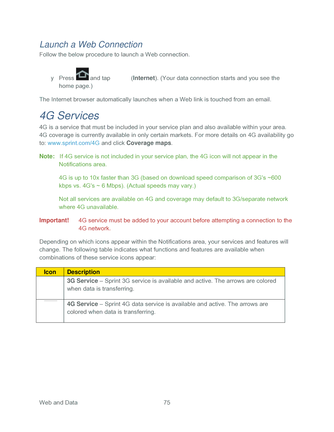 Samsung SPH-P500TSASPR manual 4G Services, Launch a Web Connection 