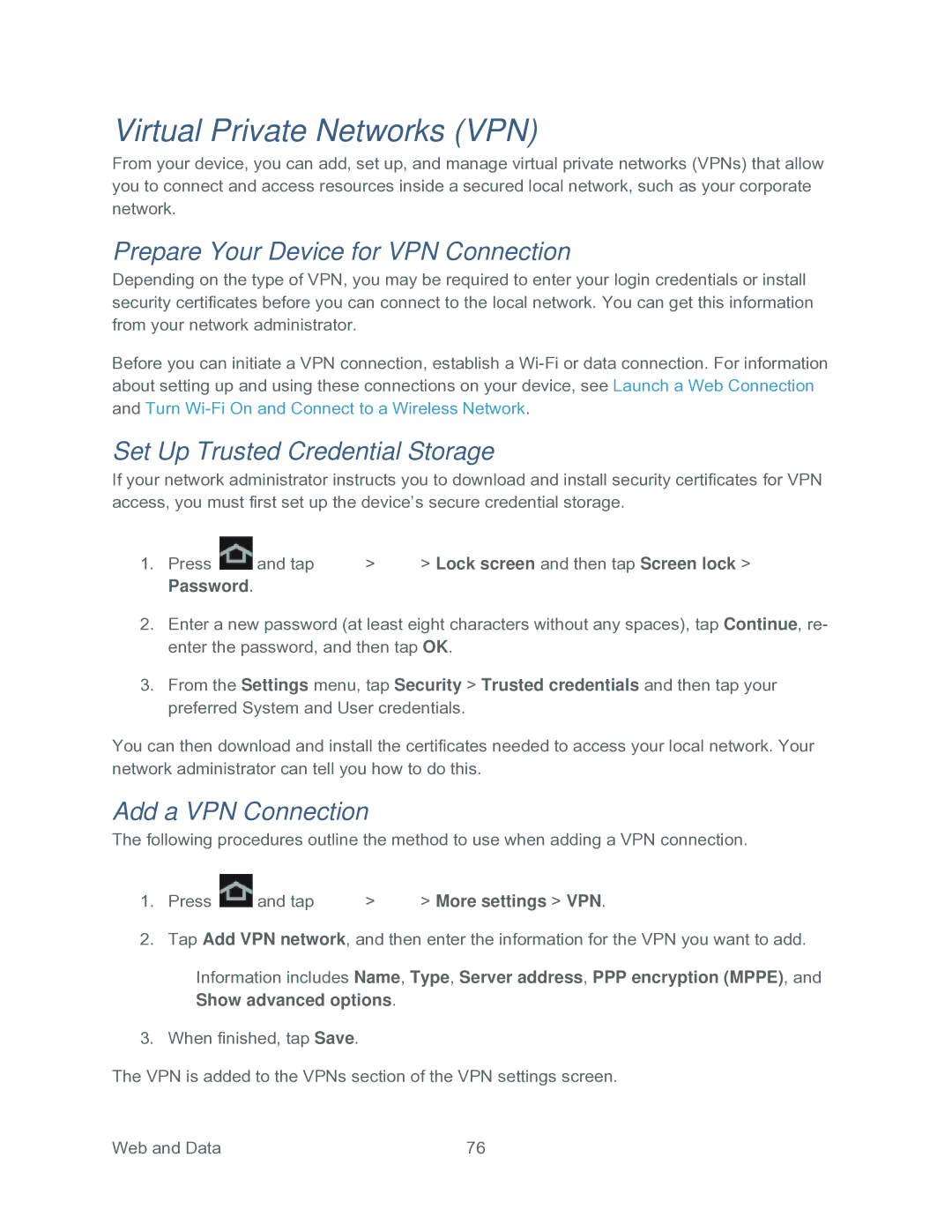 Samsung SPH-P500TSASPR manual Virtual Private Networks VPN, Prepare Your Device for VPN Connection, Add a VPN Connection 