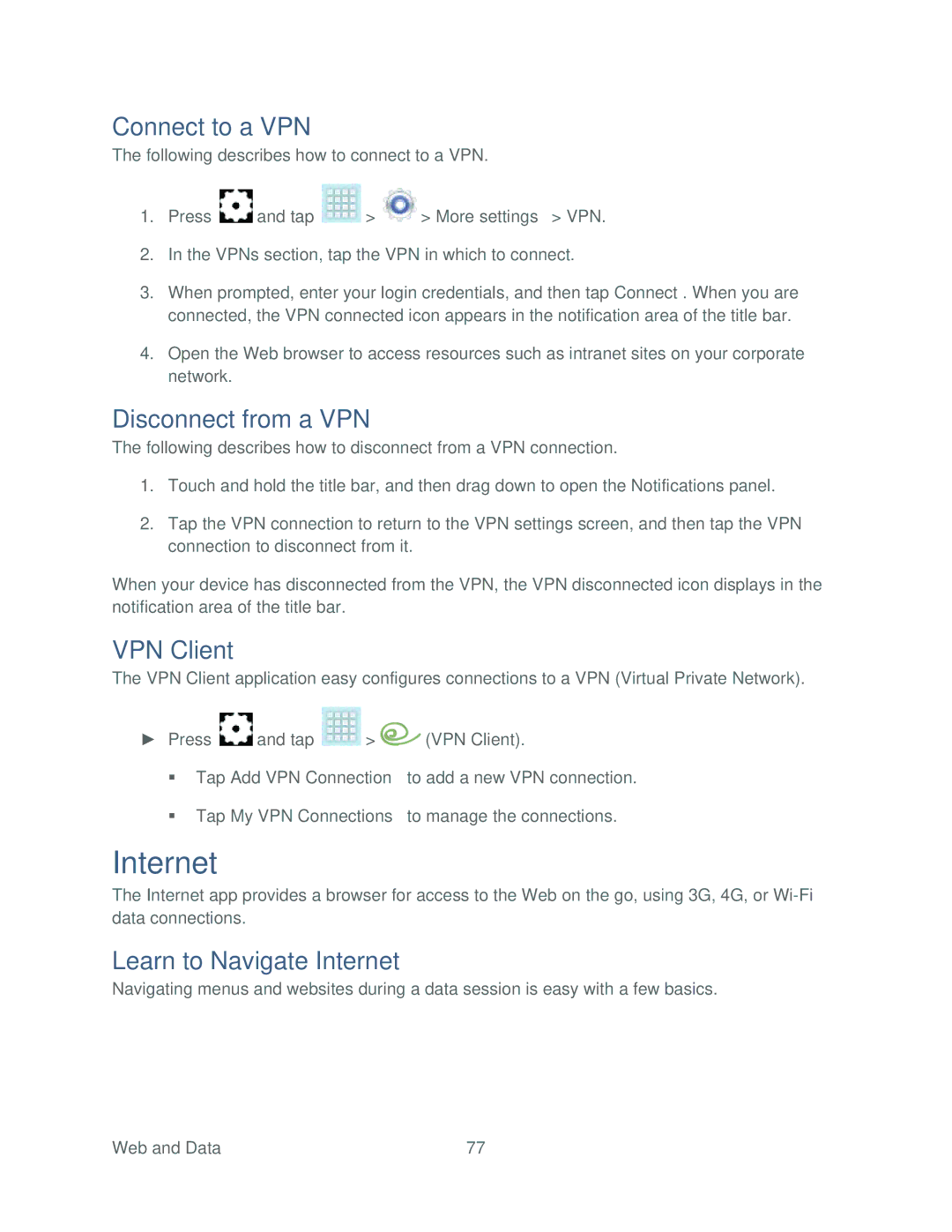 Samsung SPH-P500TSASPR manual Connect to a VPN, Disconnect from a VPN, VPN Client, Learn to Navigate Internet 