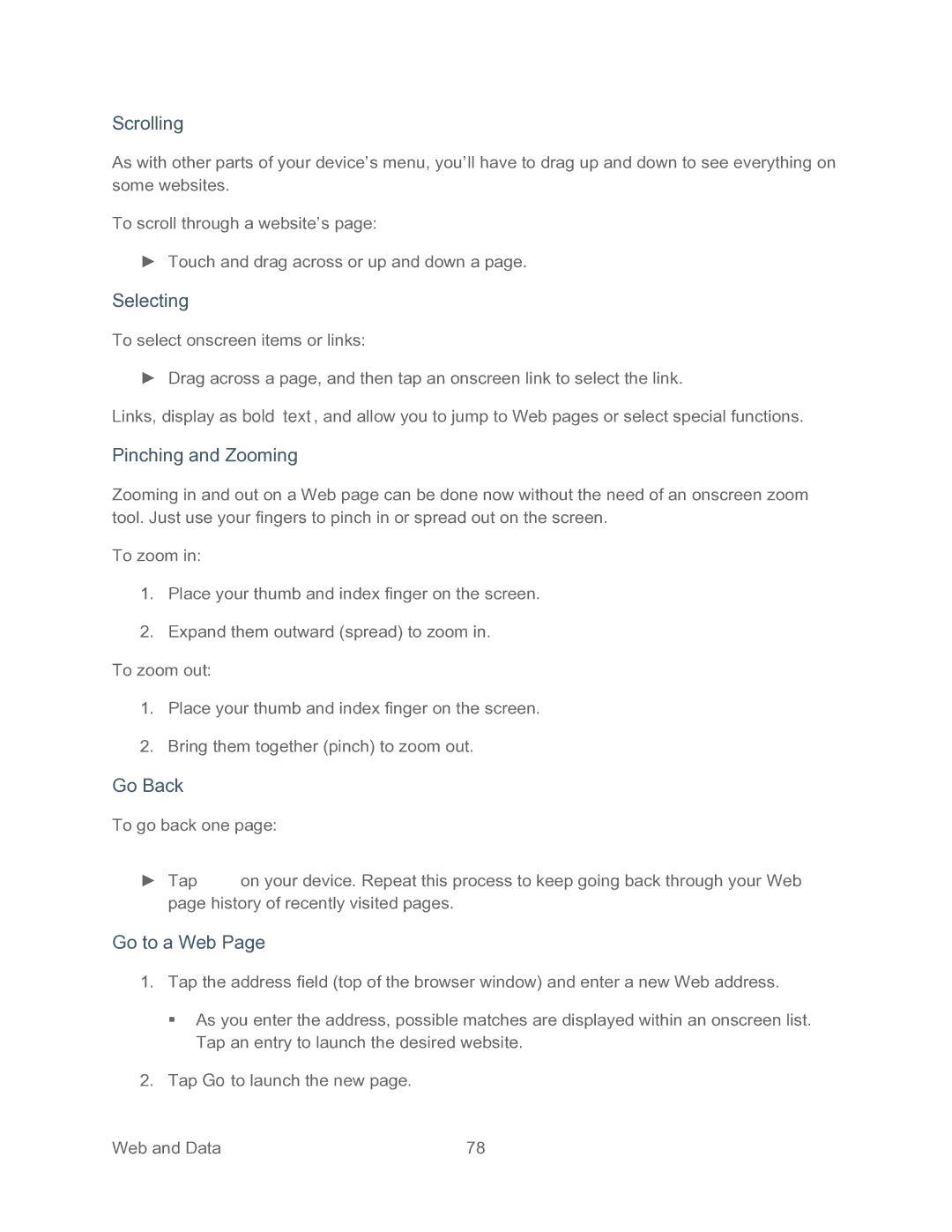 Samsung SPH-P500TSASPR manual Scrolling, Selecting, Pinching and Zooming, Go Back, Go to a Web 