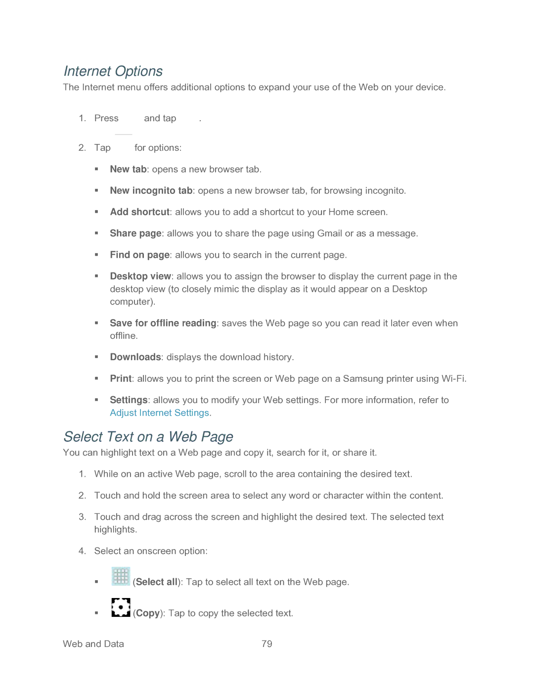 Samsung SPH-P500TSASPR manual Internet Options, Select Text on a Web 