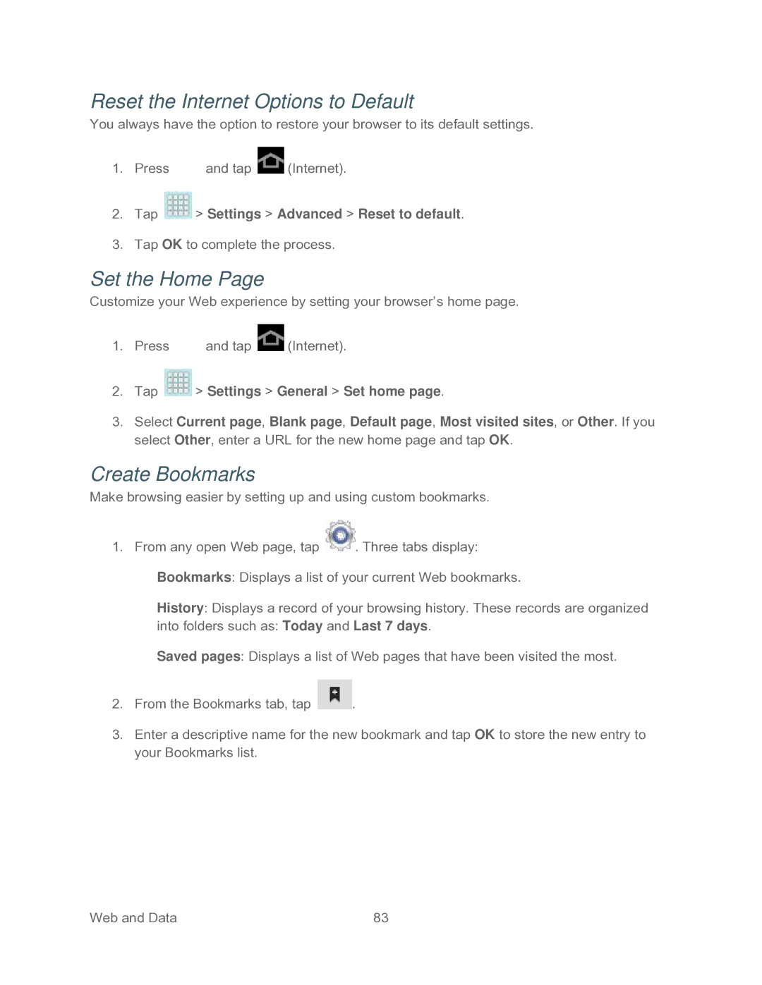 Samsung SPH-P500TSASPR manual Reset the Internet Options to Default, Set the Home, Create Bookmarks 